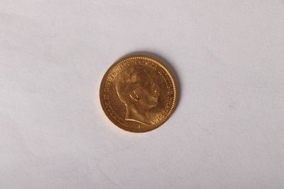 a close up of a gold coin on a white surface