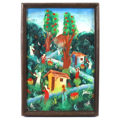 un tableau représentant un tableau où l'on voit des personnes dans la jungle