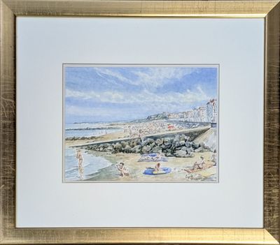 aquarelle encadrée représentant une scène de plage avec des personnes sur le sable