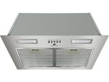 a close up of a stainless steel range hood with a light on it