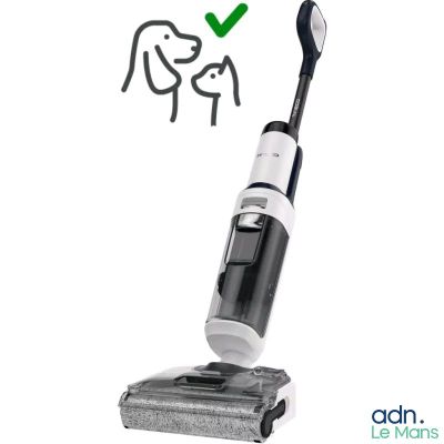 un gros plan d'un aspirateur noir et blanc sur fond blanc