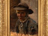 an oil painting of a man wearing a hat in a gold frame