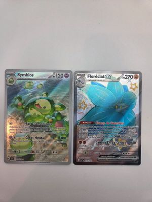 deux cartes pokemon posées l'une sur l'autre sur une table