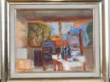 an oil painting of a dining room with a table and chairs
