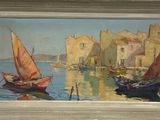 a painting of boats on the water in a harbor
