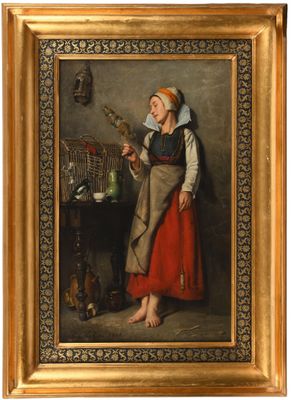 un vieux tableau représentant une femme avec un oiseau en cage
