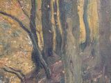 an oil painting of a wooded scene with trees and a stream