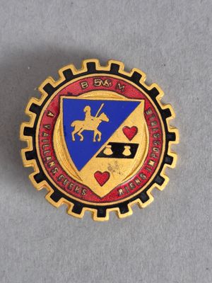 un gros plan d'un insigne représentant un cheval et un cavalier