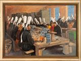 a painting of a group of people sitting at a table