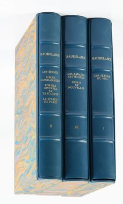Trois livres bleus sont empilés les uns sur les autres sur une étagère