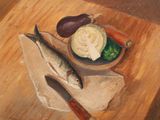un tableau représentant un poisson et des légumes posés sur une table