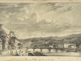 a drawing of a view of a town with a bridge