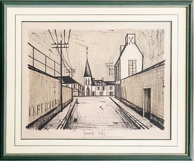 drawing of a city street with a church steeple in the background
