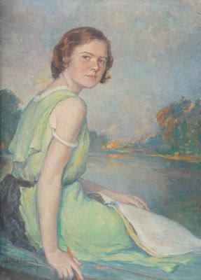 painting of a woman in a green dress sitting on a rock by the water