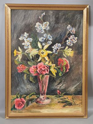 a painting of flowers in a vase on a table