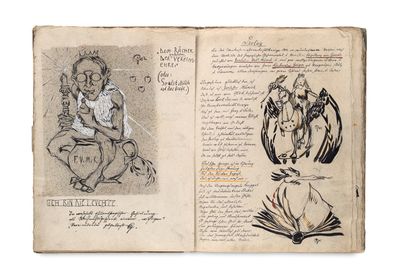 an old book with drawings of people and animals on it
