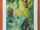 painting of a green and yellow abstract painting in a wooden frame
