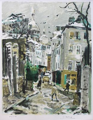 an image of a painting of a street scene with people walking down the street