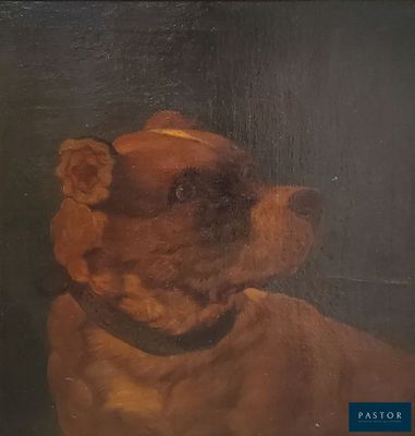 tableau représentant un chien brun avec un collier noir, assis devant un fond noir