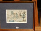 framed watercolor painting of a boat on a lake with a house in the background