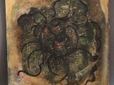 an image of a painting of a knife and a flower on a piece of wood