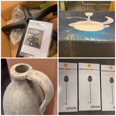 quatre photos représentant différents objets, notamment un vase, une lampe, une télécommande et d'autres objets