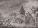 painting of a village scene with horses and people in the foreground