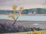a watercolor painting of a landscape with a tree in the foreground
