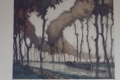 une photo d'un tableau représentant un bateau descendant la rivière