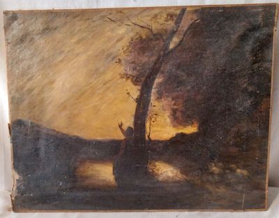 un vieux tableau représentant un homme debout près d'un arbre sur une colline