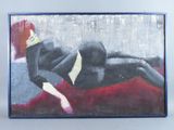 painting of a woman in a black dress laying on a red couch