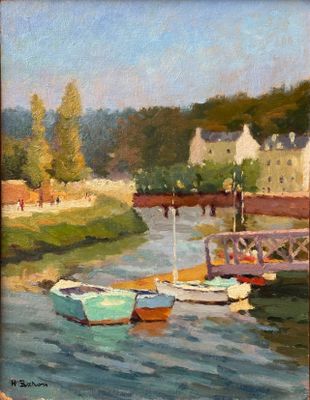 painting of boats on a river with houses in the background