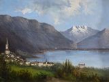 un tableau représentant une vue sur un lac avec une montagne en arrière-plan
