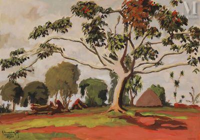 une peinture à l'huile représentant un arbre dans un champ avec une maison à l'arrière-plan