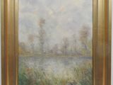 a painting of a landscape with a river in the background