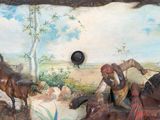 a painting on the wall of a room with a painting of a man on a horse