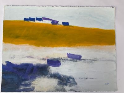 un tableau représentant un champ jaune avec des bateaux bleus