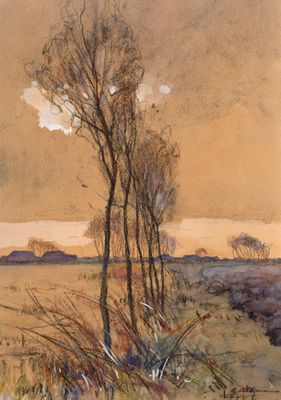 une image représentant une aquarelle d'un champ avec des arbres au premier plan