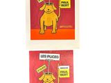 two posters of a dog holding a sign that says les puces and the dog is holding a sign that says les puces