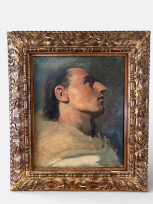 une peinture à l'huile représentant un homme de profil, avec un châle blanc autour du cou