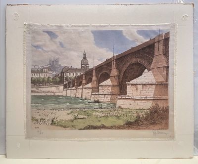 a picture of a painting of a bridge over a river