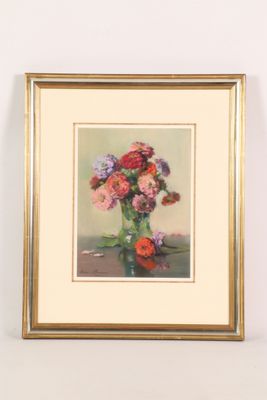 painting of flowers in a vase on a table with a white background