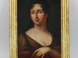 un tableau représentant une femme en robe marron tenant une balle rouge
