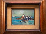 an oil painting of boats on the water in a wooden frame