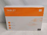 an orange and white box of a tablet on a white surface