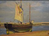a painting of a boat on the beach by the water
