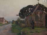 a painting of a man standing in front of a house