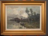an image of a painting of a river scene with a house in the distance