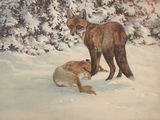 a painting of a fox and a dog in the snow