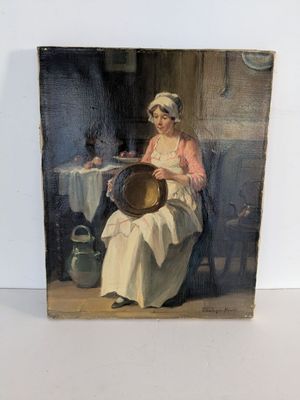 un vieux tableau représentant une femme assise sur une chaise, un chapeau sur la tête